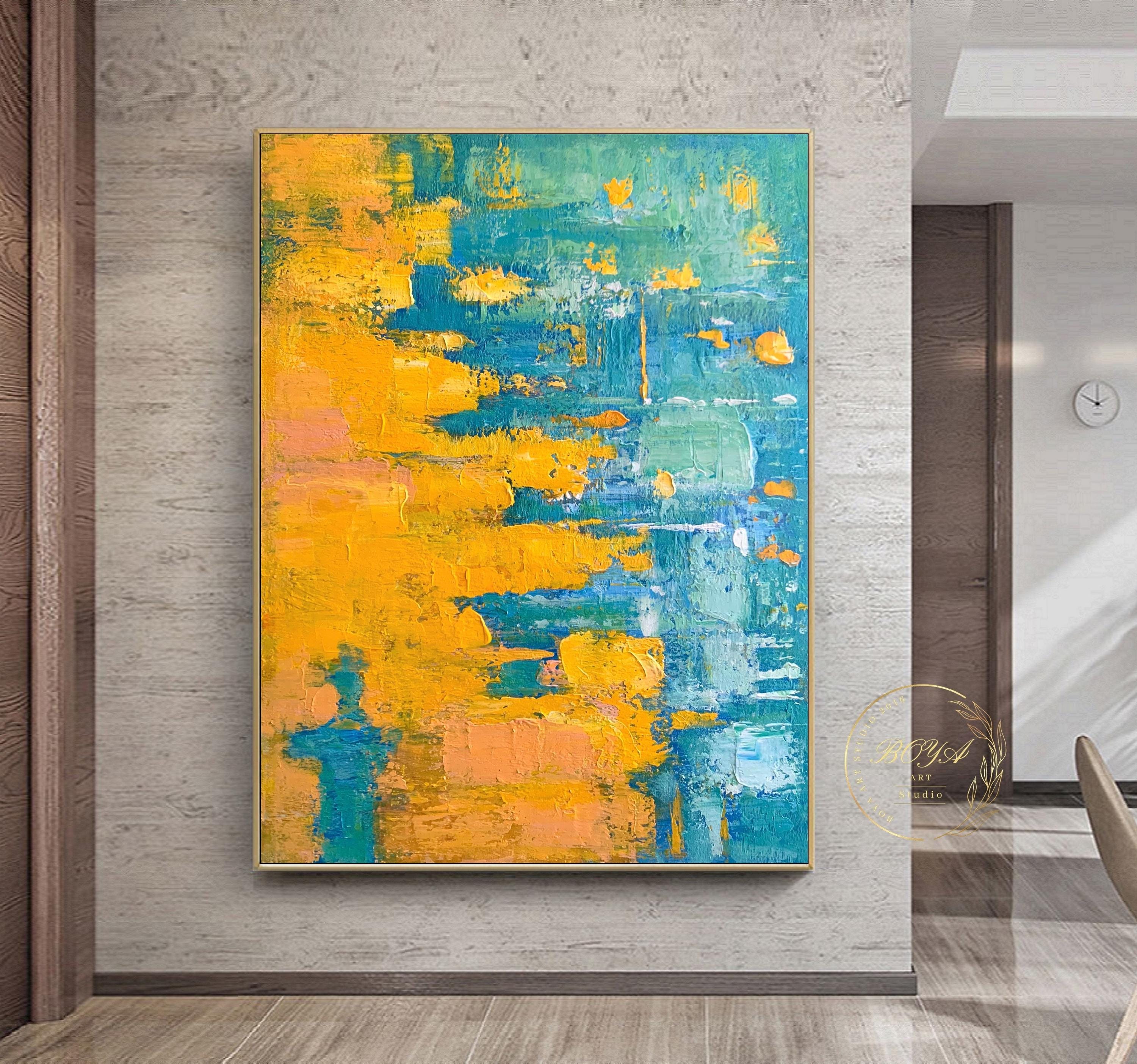 アート【水色とクリームイエローの抽象画】 大きな黄色の壁画 黄色のテクスチャ絵画 オリジナルの緑の抽象画 緑の