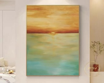 Sunset Abstract Painting Sunrise Oil Painting Large Seascape Wall Art Green Sea Painting Orange Abstract Painting Original Canvas Painting