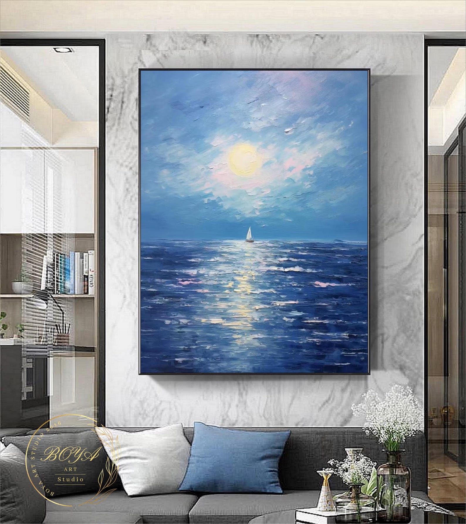 original-blue-sea-abstract-art-large-abstract-boat-painting-textured