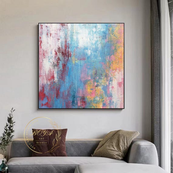 オリジナルのマルチカラーウォールアート ブルー抽象画 ピンク