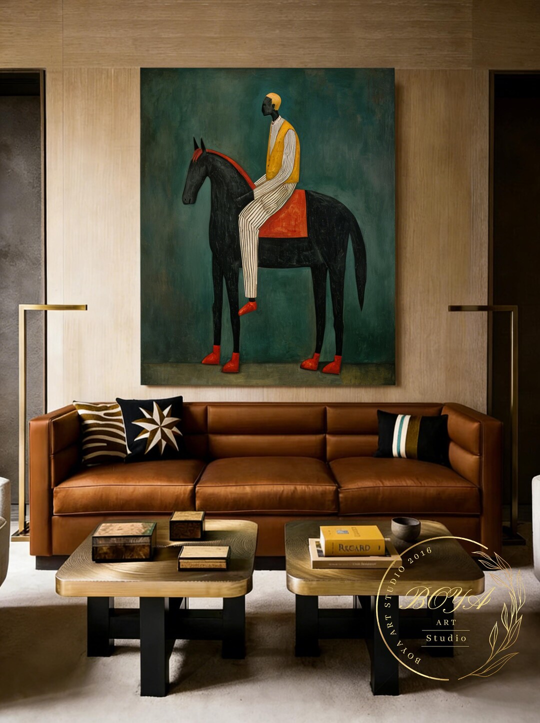Modern Abstract Horse Rider Painting Vintage Minimalist Figurative Wall ...