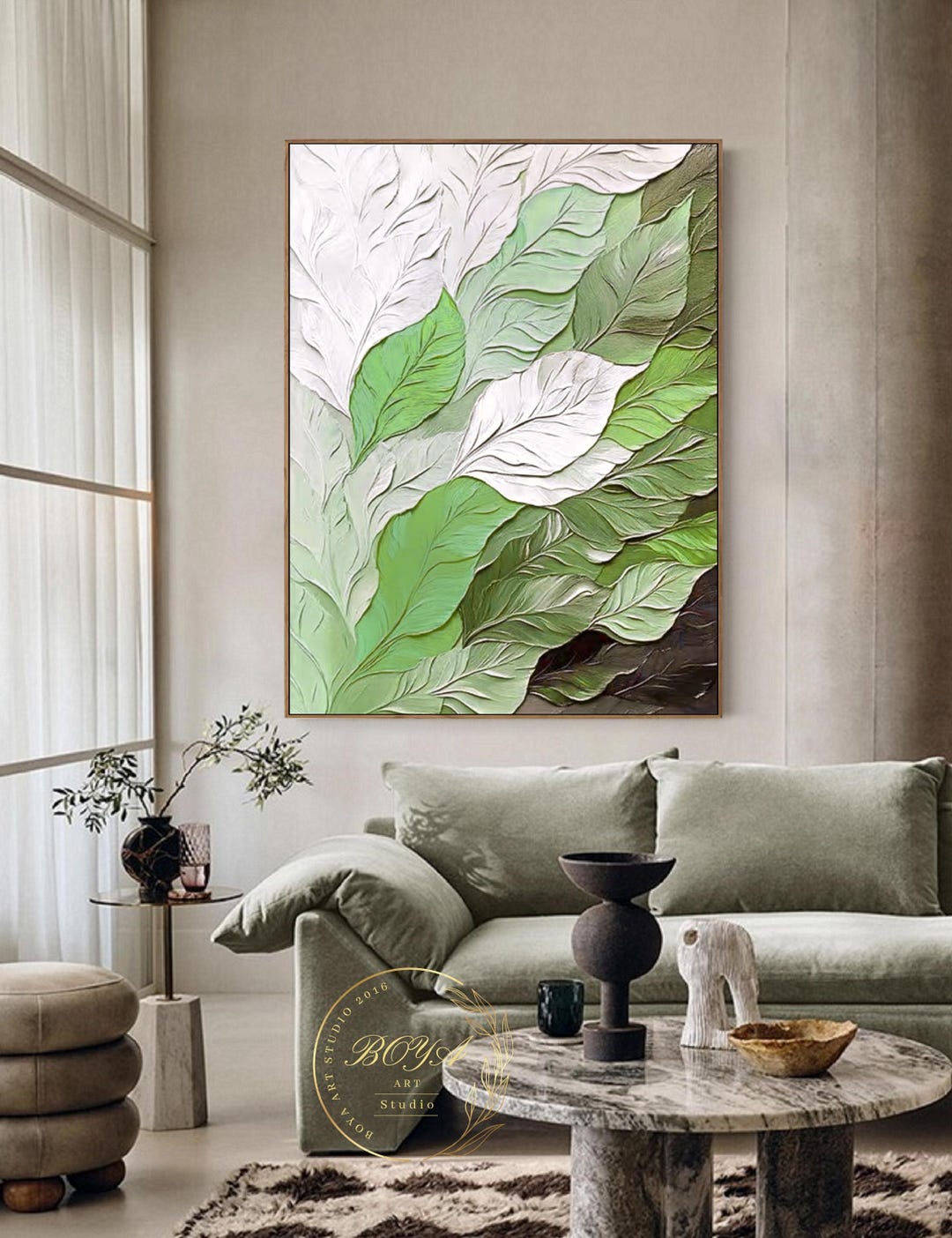 Large Leaves Abstract Painting Green Abstract Painting Green Textured ...