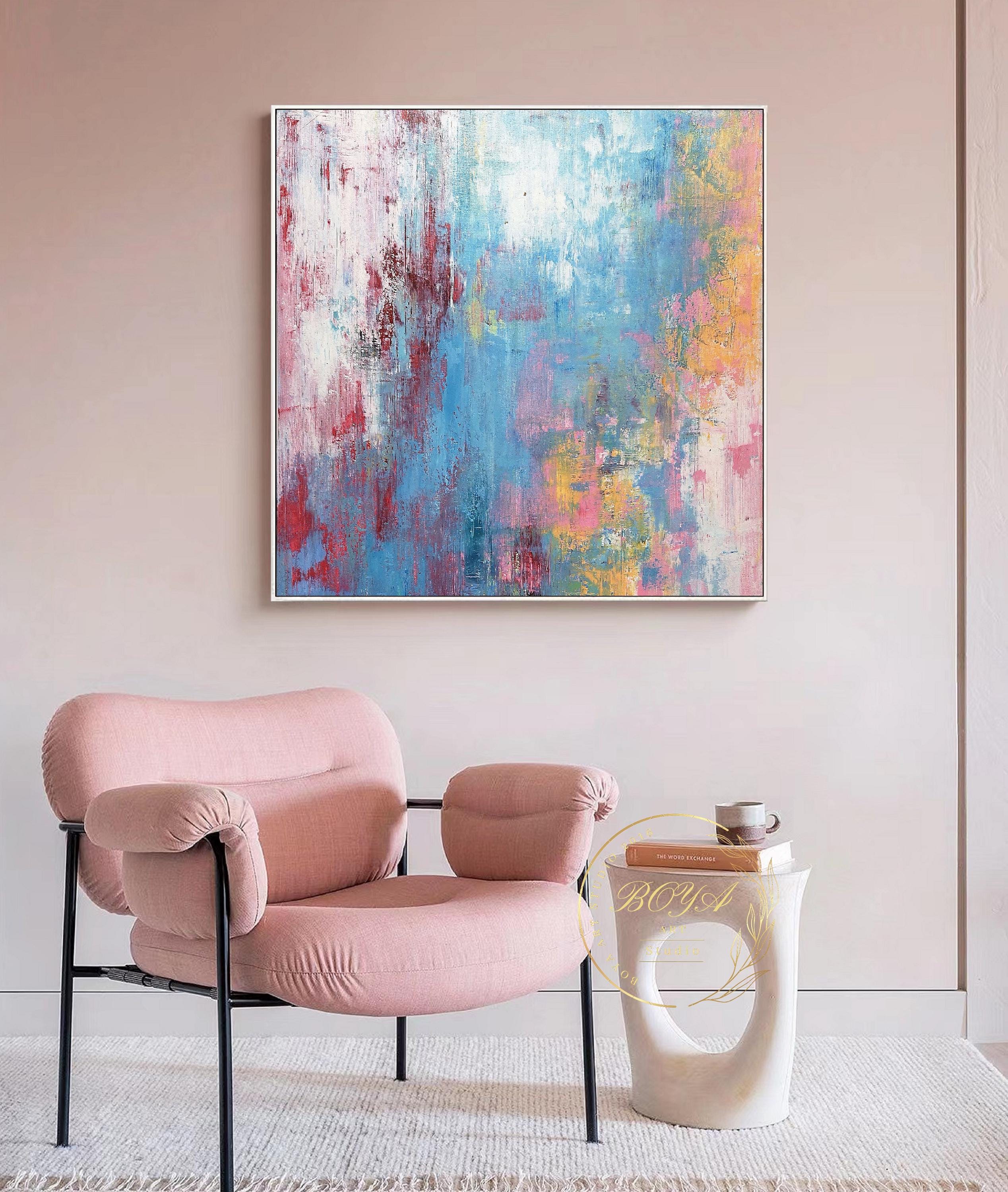 オリジナルのマルチカラーウォールアート ブルー抽象画 ピンク