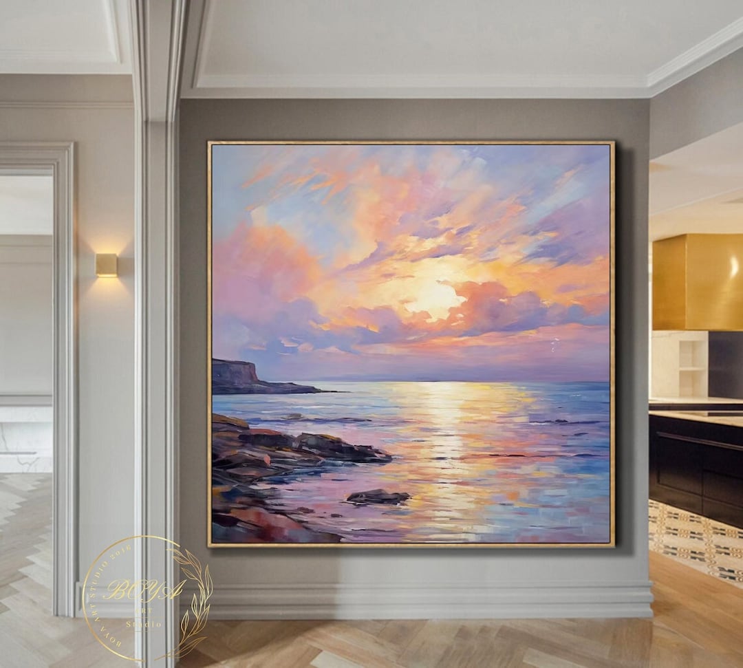 Large Seascape Oil Painting Purple Abstract Art Sunrise Abstract