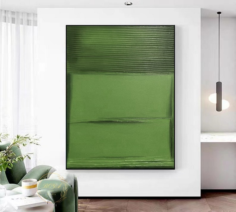 Puede incluir: Pintura abstracta con un esquema de color verde. La pintura est&aacute; dividida en tres secciones horizontales, con la secci&oacute;n superior que presenta un patr&oacute;n texturizado y rayado. Las secciones del medio y la inferior son de color verde s&oacute;lido.