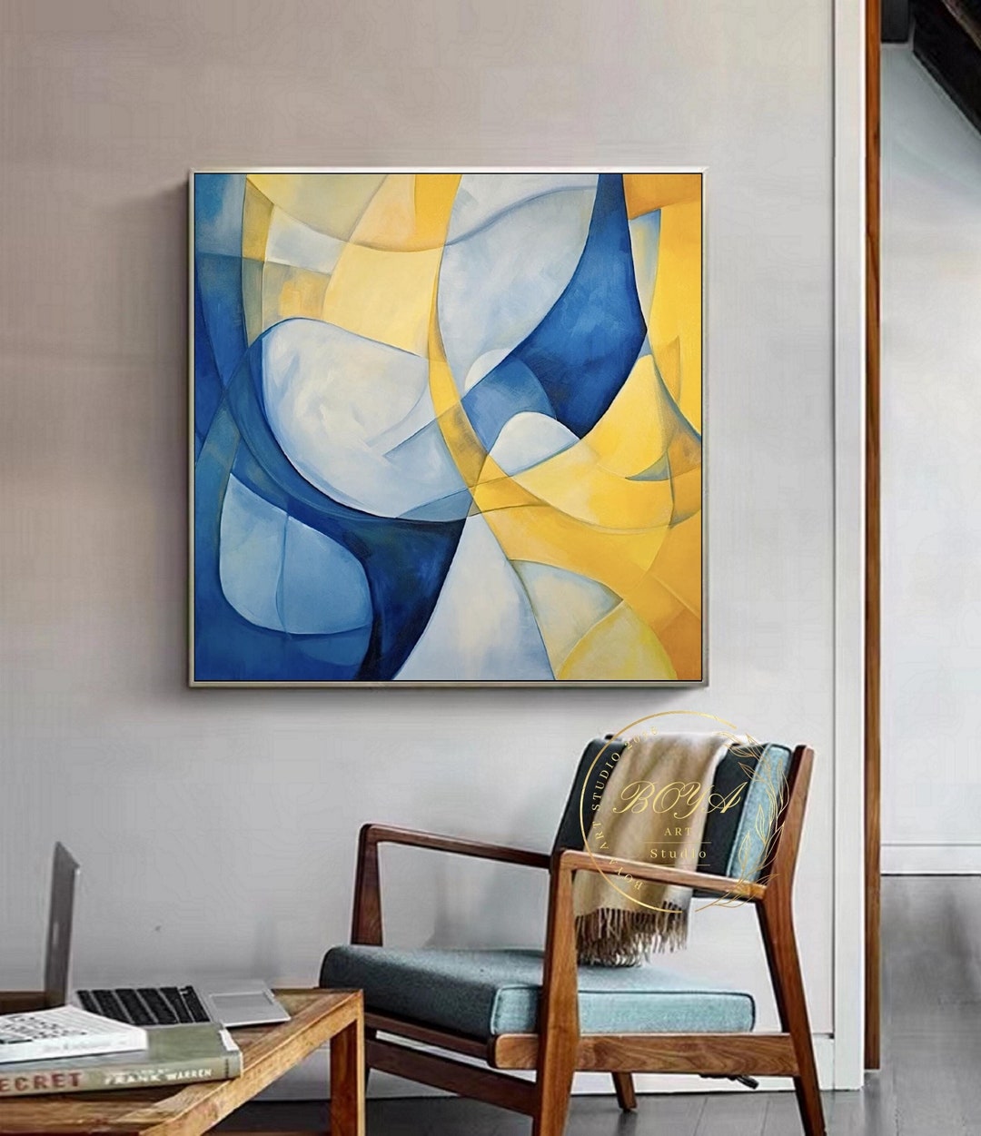 Large Blue Abstract Art Yellow Abstract Painting Blue Wall Painting ...
