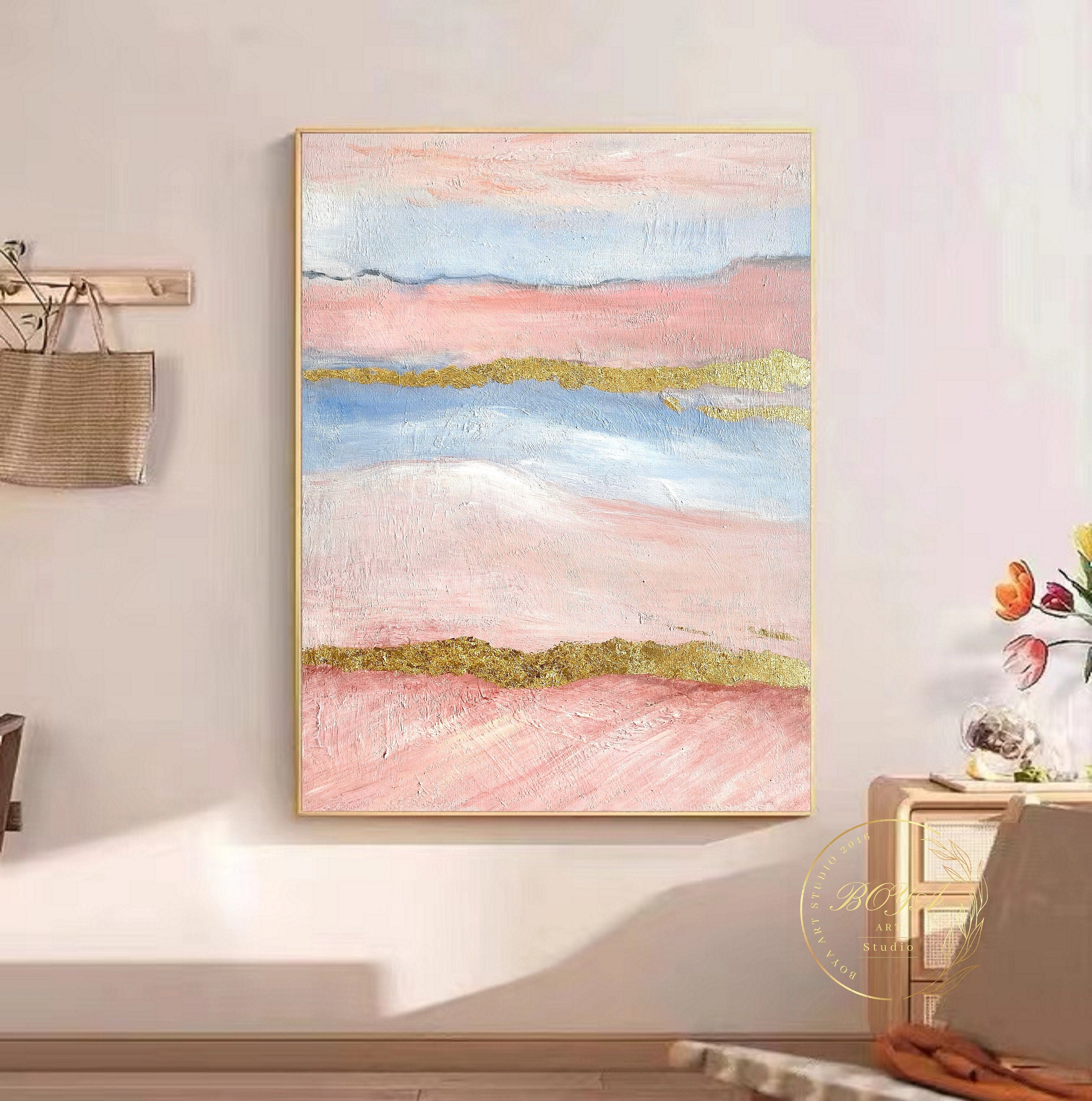 Original Abstract Oil Painting, Pink Hand Painted Abstract Artwork 