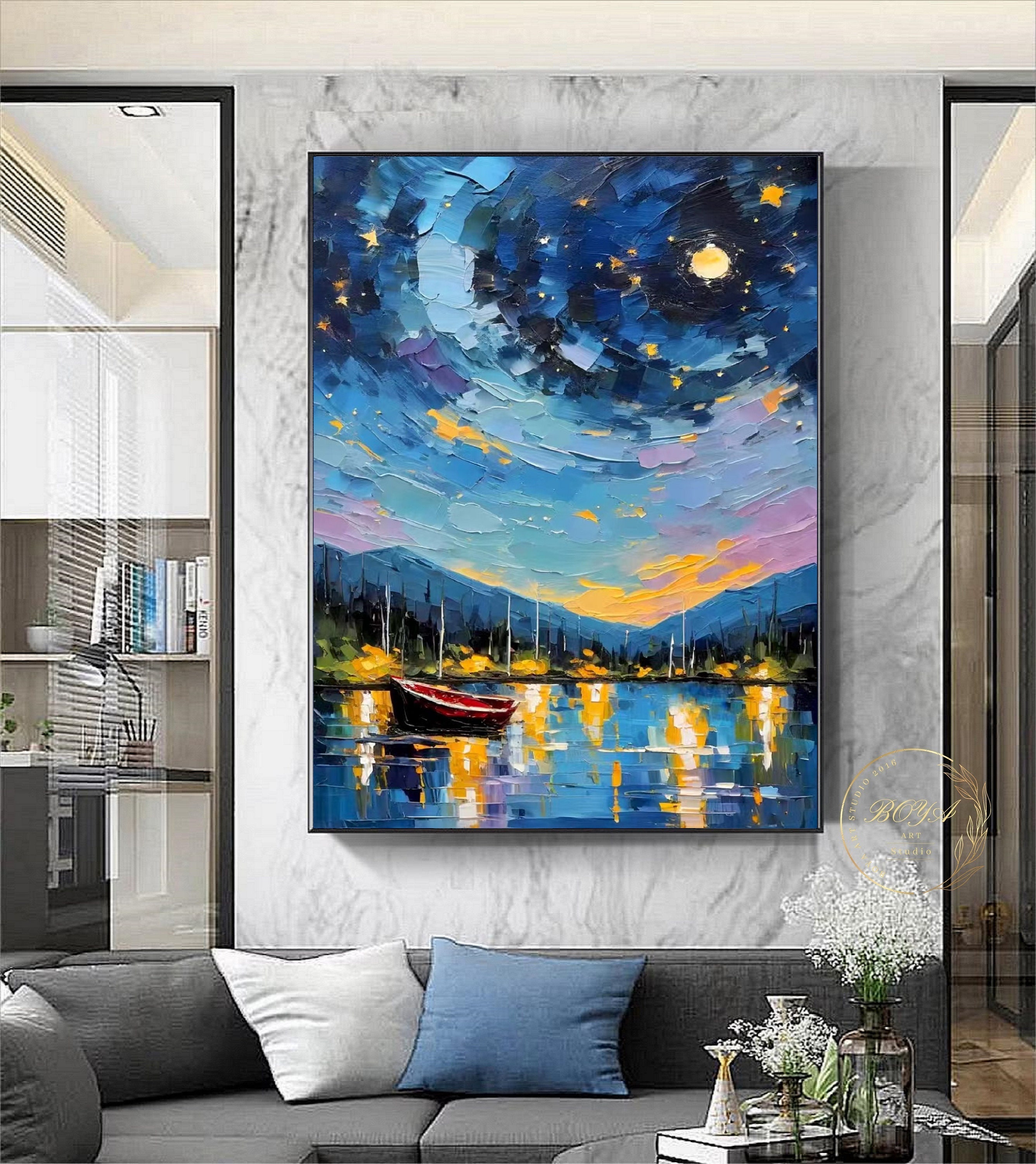 Original Starry Sky Painting Blue Textured Wall Art Large Night Sky ...