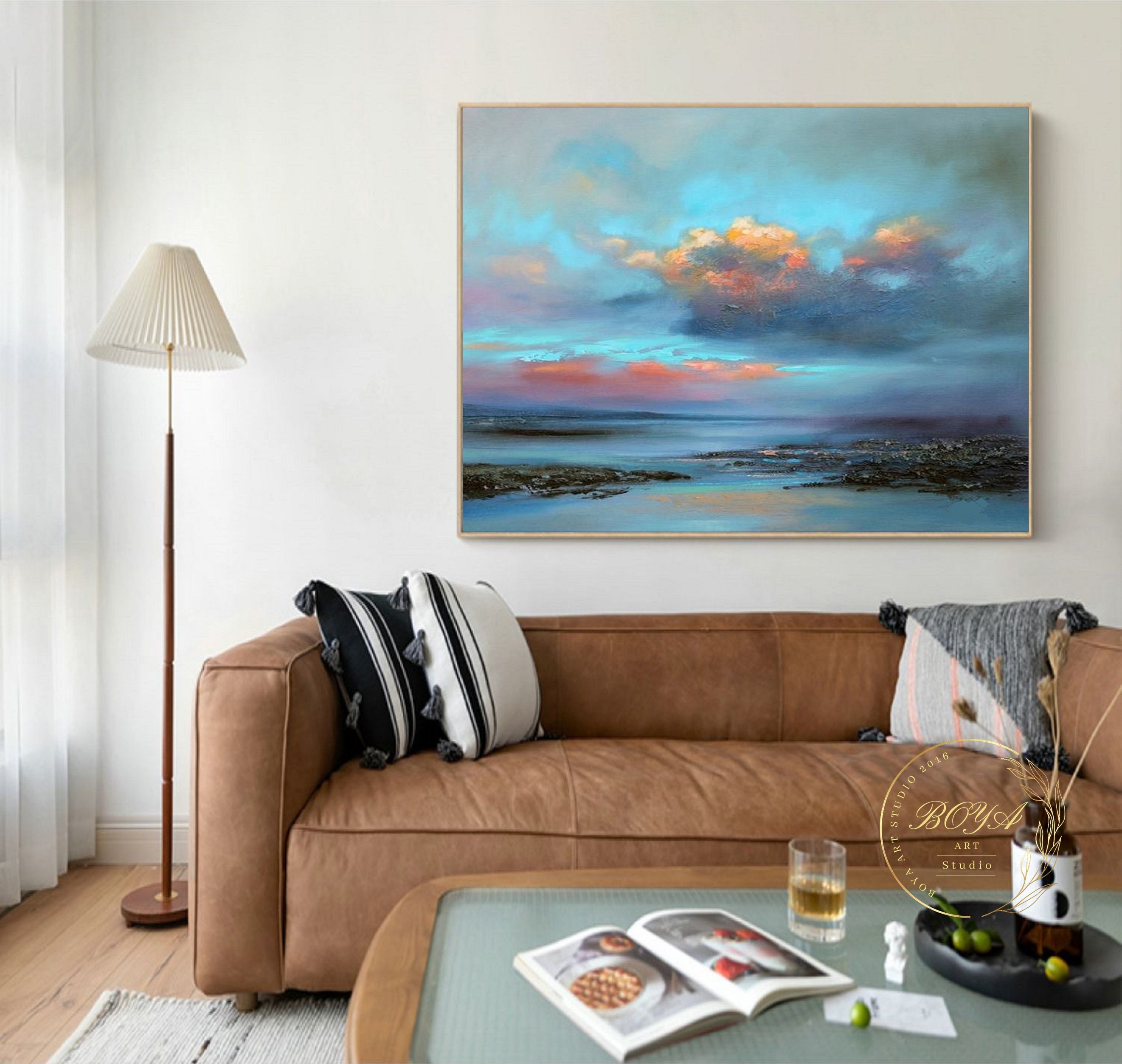オリジナルの雲の抽象画、オレンジ色の雲の絵、大きな青い空の風景画