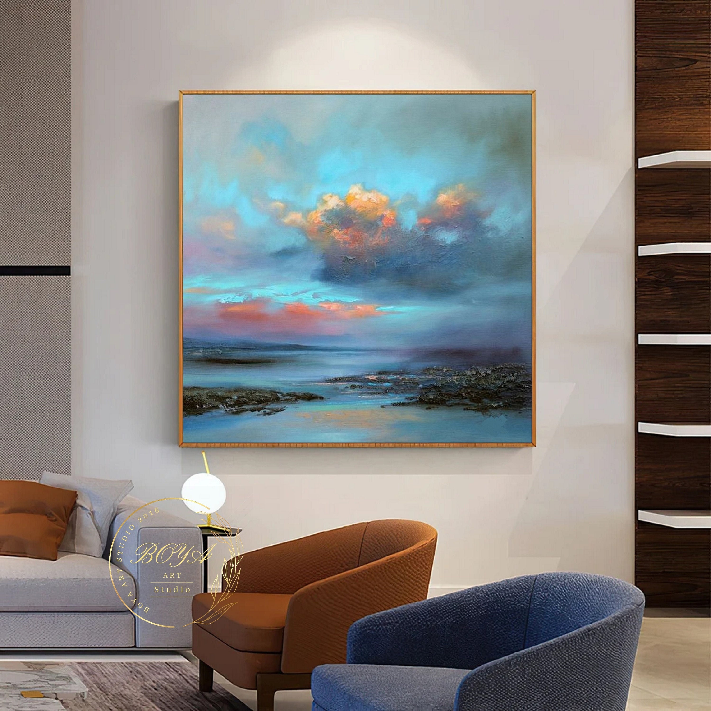 Original Cloud Abstract Painting Blue Seascape Painting Large Blue Sky ...