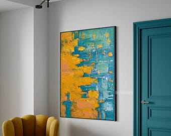 大きな黄色の壁画 黄色のテクスチャ絵画 オリジナルの緑の抽象画 緑の