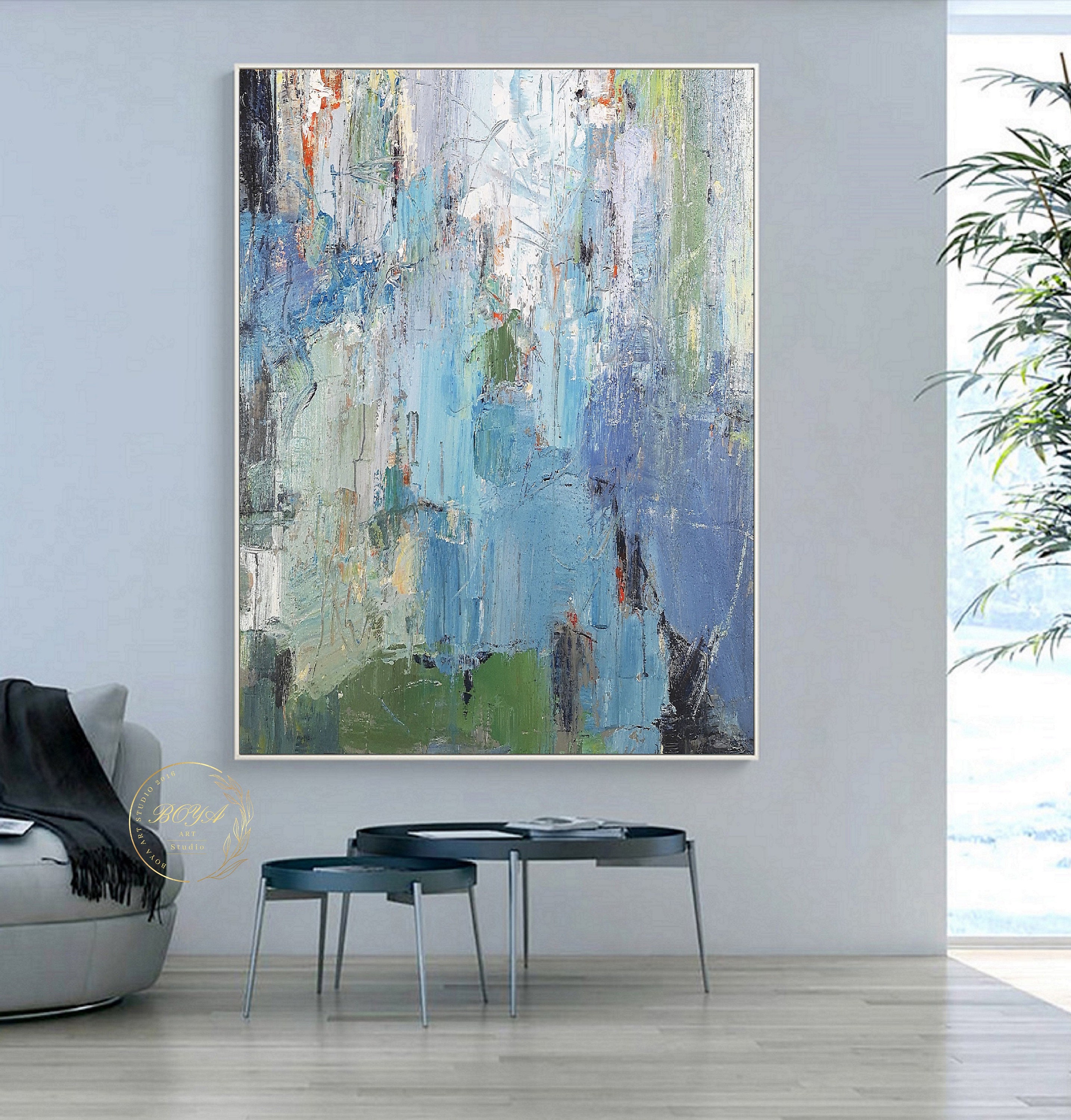 Large Blue Abstract Painting Original Green Oil Painting - Etsy