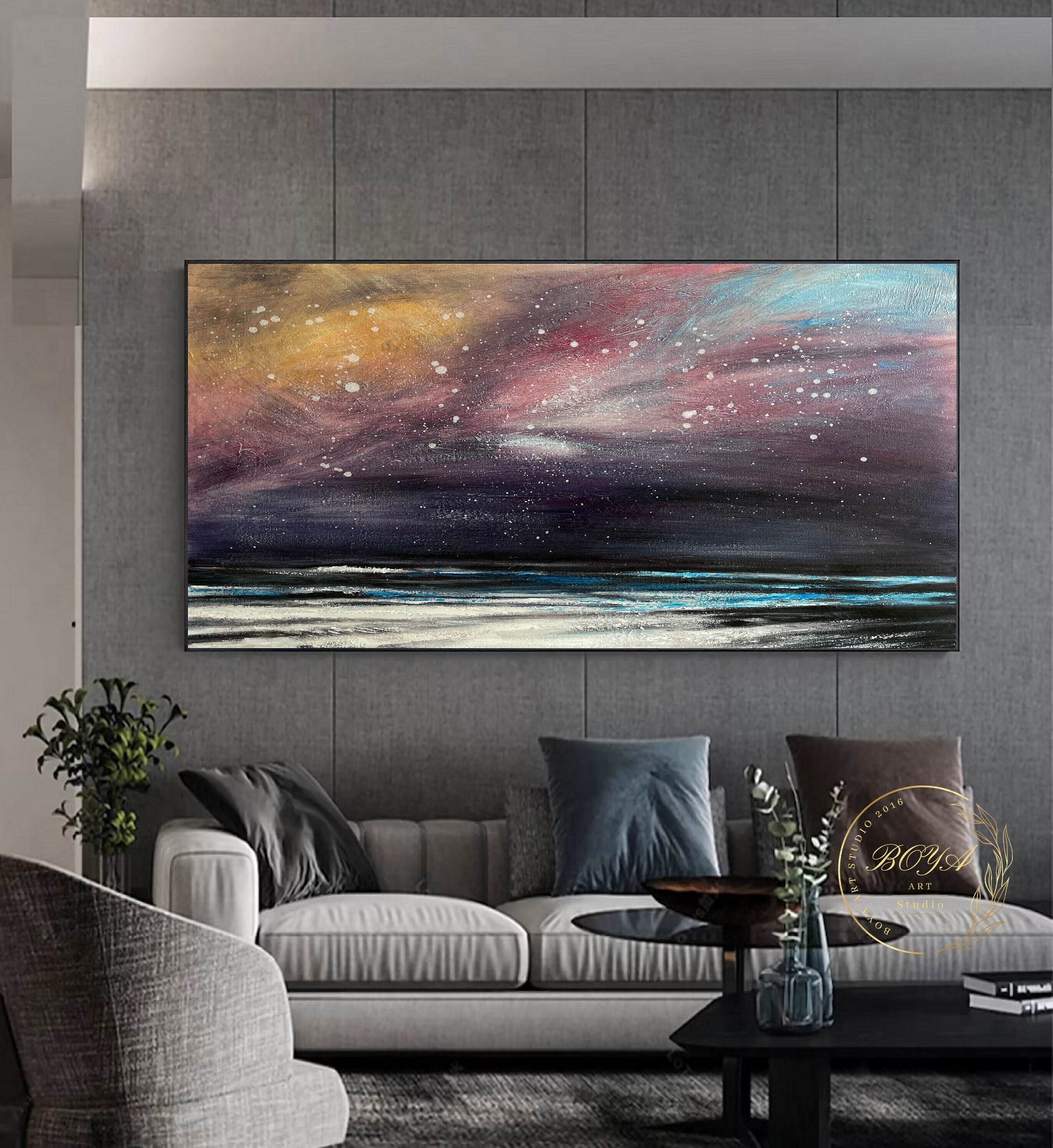 大きな星空の絵画 紫の風景画 海の波の抽象画 青い海の景色の壁アート