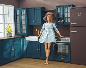 Armoire de cuisine miniature à l'échelle 1/6 pour poupées mannequins populaires de 30 cm (12 po.). Évier, cuisinière, réfrigérateur. Meubles modernes pour maison de poupée, diorama roombox