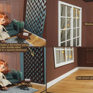 May include: A dollhouse room set with a brown couch, a decorative panel, a small table, and a doll sitting on the couch. The set includes a window frame without glass and a decorative panel with a chevron pattern. The text "The set includes a decorative panel, it is also double-sided (attached to a special plasticine)." is visible in the image. The text "Window without glass." is visible in the image. The text "Oak veneer glued to the floor" is visible in the image.