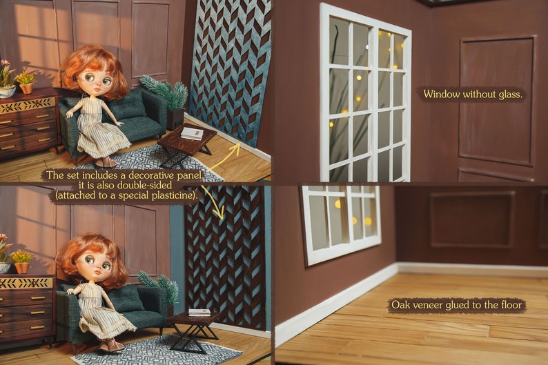 May include: A dollhouse room set with a brown couch, a decorative panel, a small table, and a doll sitting on the couch. The set includes a window frame without glass and a decorative panel with a chevron pattern. The text "The set includes a decorative panel, it is also double-sided (attached to a special plasticine)." is visible in the image. The text "Window without glass." is visible in the image. The text "Oak veneer glued to the floor" is visible in the image.