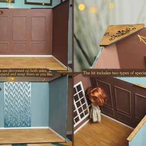 May include: A dollhouse room kit with two walls, one with a brown wood panel design and the other with a blue and white chevron pattern. The kit includes two types of special wall fasteners. "Side A" and "Side B" are labeled on the walls. "All walls are decorated on both sides. You can expand and swap them as you like." is written below the walls.