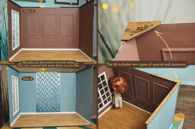 May include: A dollhouse room kit with two walls, one with a brown wood panel design and the other with a blue and white chevron pattern. The kit includes two types of special wall fasteners. "Side A" and "Side B" are labeled on the walls. "All walls are decorated on both sides. You can expand and swap them as you like." is written below the walls.