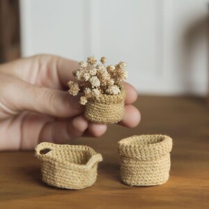 May include: Miniature woven baskets in a natural beige color. One basket holds dried flowers. Two additional empty baskets are also displayed. The items are on a wooden surface.