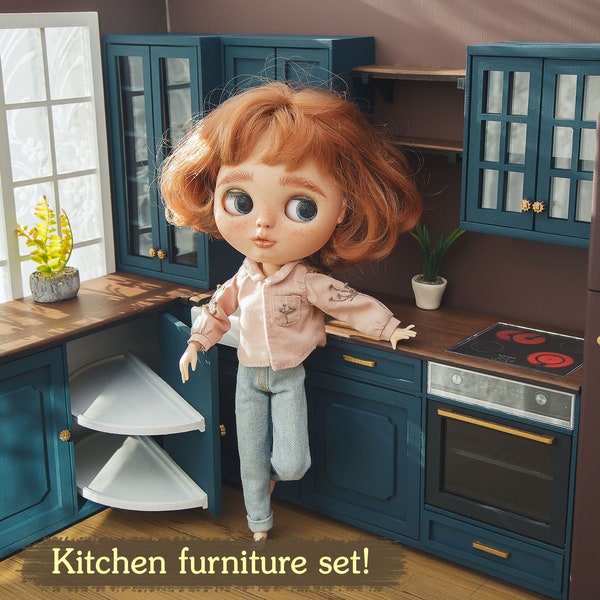 1/6 scale kitchen furniture set for popular fashion 12 inch dolls. Sink, stove. Miniature modern cabinets for roombox, dollhouse, diorama