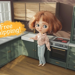 1/6 scale kitchen cabinet for popular fashion dolls 12 inch. Sink, stove, fridge. Miniature modern furniture for roombox dollhouse, diorama