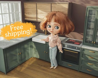 1/6 scale kitchen cabinet for popular fashion dolls 12 inch. Sink, stove, fridge. Miniature modern furniture for roombox dollhouse, diorama
