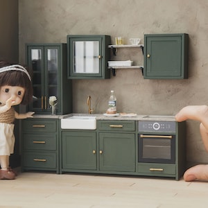 1/12 scale kitchen furniture set. Sink, stove, faucet. Miniature modern cabinets for roombox, dollhouse, diorama. 1:12 Miniatures for dolls.