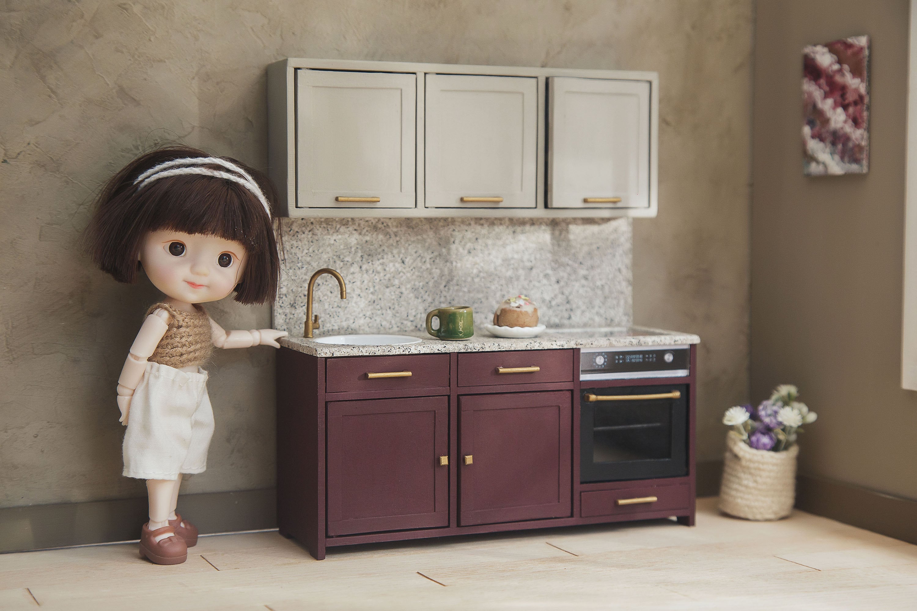 Meubles Miniatures En Bois Pour Maison De Poupée 1/12 - Ensemble Cuisine (armoire, Buffet), Fait Main