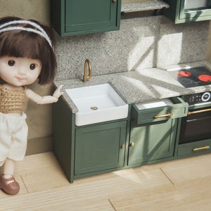 1/12 scale realistic kitchen furniture set. Miniature modern cabinets for roombox dollhouse diorama. 1:12 Miniatures for dolls.
