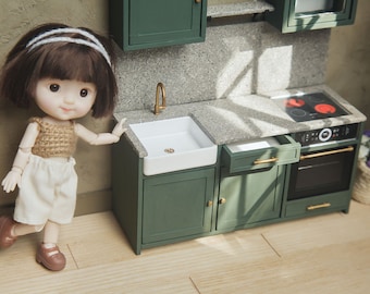 1/12 scale realistic kitchen furniture set. Miniature modern cabinets for roombox dollhouse diorama. 1:12 Miniatures for dolls.