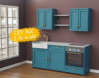 Kit fai da te in scala 1/6 set di mobili da cucina per le famose bambole da 12 pollici. Mobili moderni in miniatura per diorama di casa delle bambole roombox. Fai da te