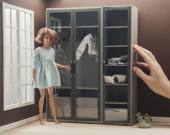 1/6 scale miniature wardrobe for popular fashion dolls 12 inch. Furniture in modern style. Clothes storage for dollhouse, diorama roombox