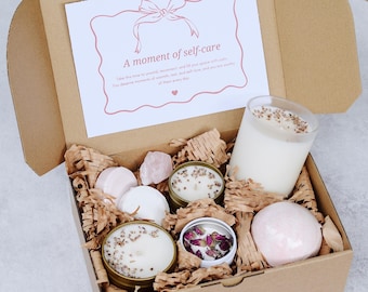 Pamper Spa Gift Box, Relaxation Candles, Bath Bomb, Crystal