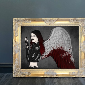 Guardian Angel of Death Art Print | Digital Pencil Sketch Dark Goth Seraphim | Home Wall Decor