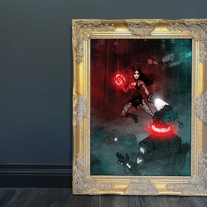 Goth Fantasy Mage Art Print | Dark Pixel Art Cyberpunk Neon City Alley at Night | Home Wall Decor