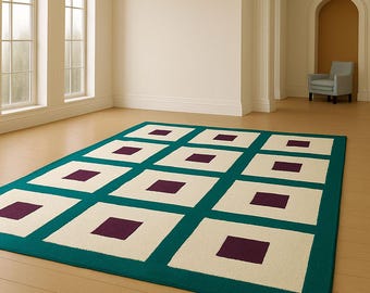 Modern Geometric Wool Rug | Hand-Tufted Carpet for Living Room | Teal Cream Purple Decor Rug | Contemporary Floor Mat | Large Area Rug