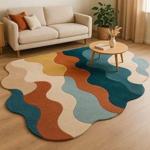 Wavy Irregular Shape Rug – Colorful Abstract Tufted Carpet for Living Room, Bedroom, Kids Room, Custom 5x7/6x9/7x10 Modern Handmade Area Rug