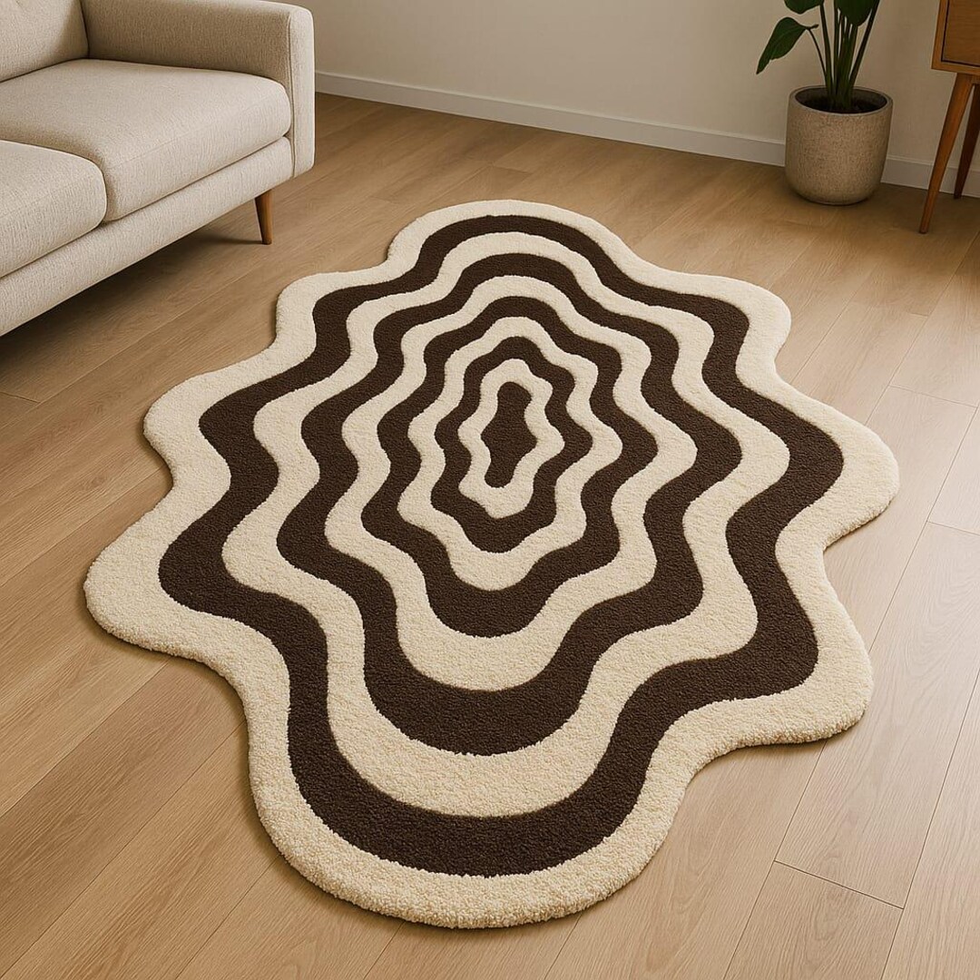 Ivory/brown Color Wave Pattern Rug Trending Unshaped Illusion Design ...