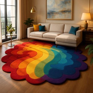 Puede incluir: Una vibrante alfombra con los colores del arcoíris y un borde festoneado único en forma de nube. La alfombra presenta un espectro de colores, que van del rojo al naranja, amarillo, verde, azul y morado. Está colocada sobre un suelo de madera en un salón.