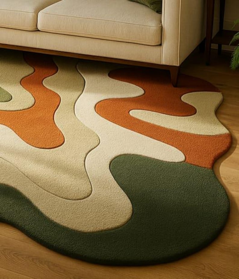 Earth Tone Abstract Rug – Handmade Irregular Tufted Carpet in Olive ...