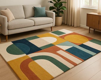 Handmade Abstract Tufted Wool Rug, Modern Geometric Design