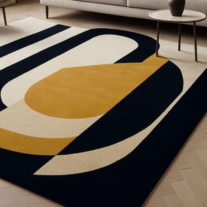 Geometric Modern Rug – Handmade Mustard, Ivory & Black Tufted Carpet ...