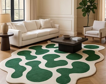 Handmade Green Abstract Wool Rug, Irregular Wavy Shape