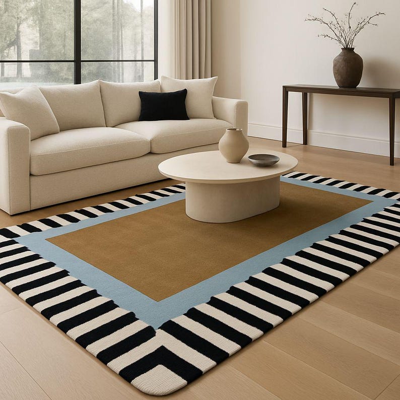Handmade Color Block Wool Rug | Modern Striped Border Carpet - Etsy