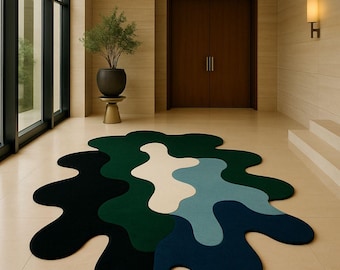 Abstract Amoeba Rug, Modern Tufted Wool Carpet, Blue Green Black