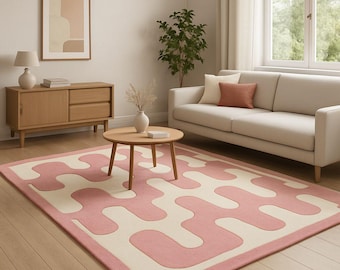 Pink & Cream Abstract Geometric Rug – Handmade Modern 8x11 Tufted Carpet, Custom Sizes Available for Living Room, Bedroom or Nursery Decor