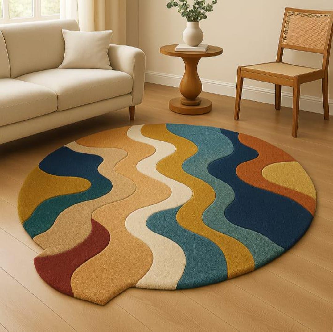 Round Wavy Multi Color Tufted Rug – Handmade Retro Modern Carpet for ...