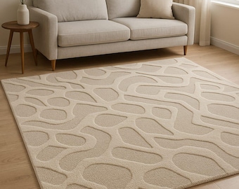 Handmade Wool Area Rug, Sculpted High/Low Pile, Modern Beige Ivory