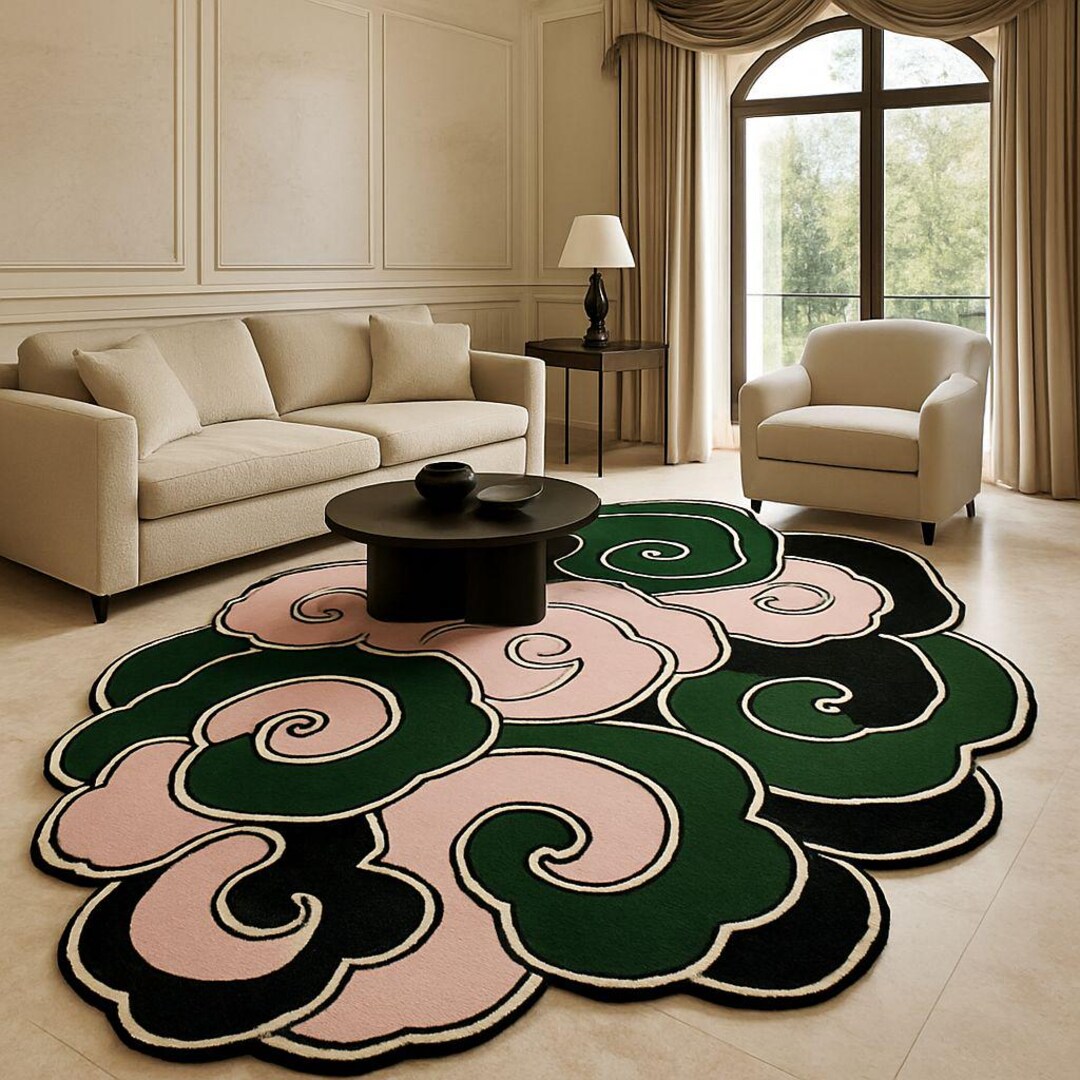 Deep Raspberry Rug Swirl Hand-tufted Wool Swirl Rug, Pink, Green Cloud Shape - Etsy