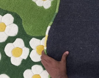 Flower Design High/Low rug 4x4/5x5/8x8 Nature Inspired Irregular Shape Green/White Woolen Rug Perfect for Bedroom, Living Room, Kids room
